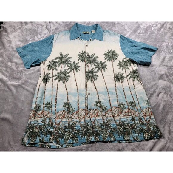 Batik Bay Shirt Mens XL Short Sleeve Blue Rayon‎ Hawaiian Island Palm Trees - Picture 1 of 5